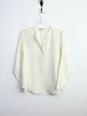 Garnet Hill 100% Silk Ivory Popover Blouse Minimalist Long Sleeve Top Size 8